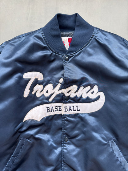 VINTAGE TROJANS BASEBALL NAVY SATIN BOMBER JACKET - XL