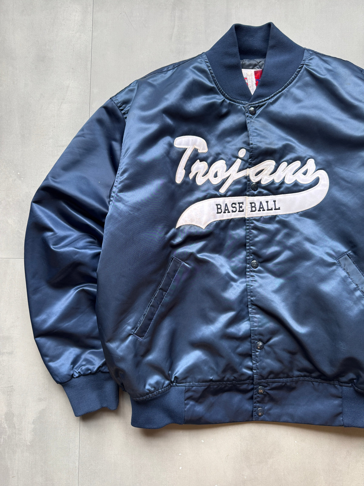 VINTAGE TROJANS BASEBALL NAVY SATIN BOMBER JACKET - XL