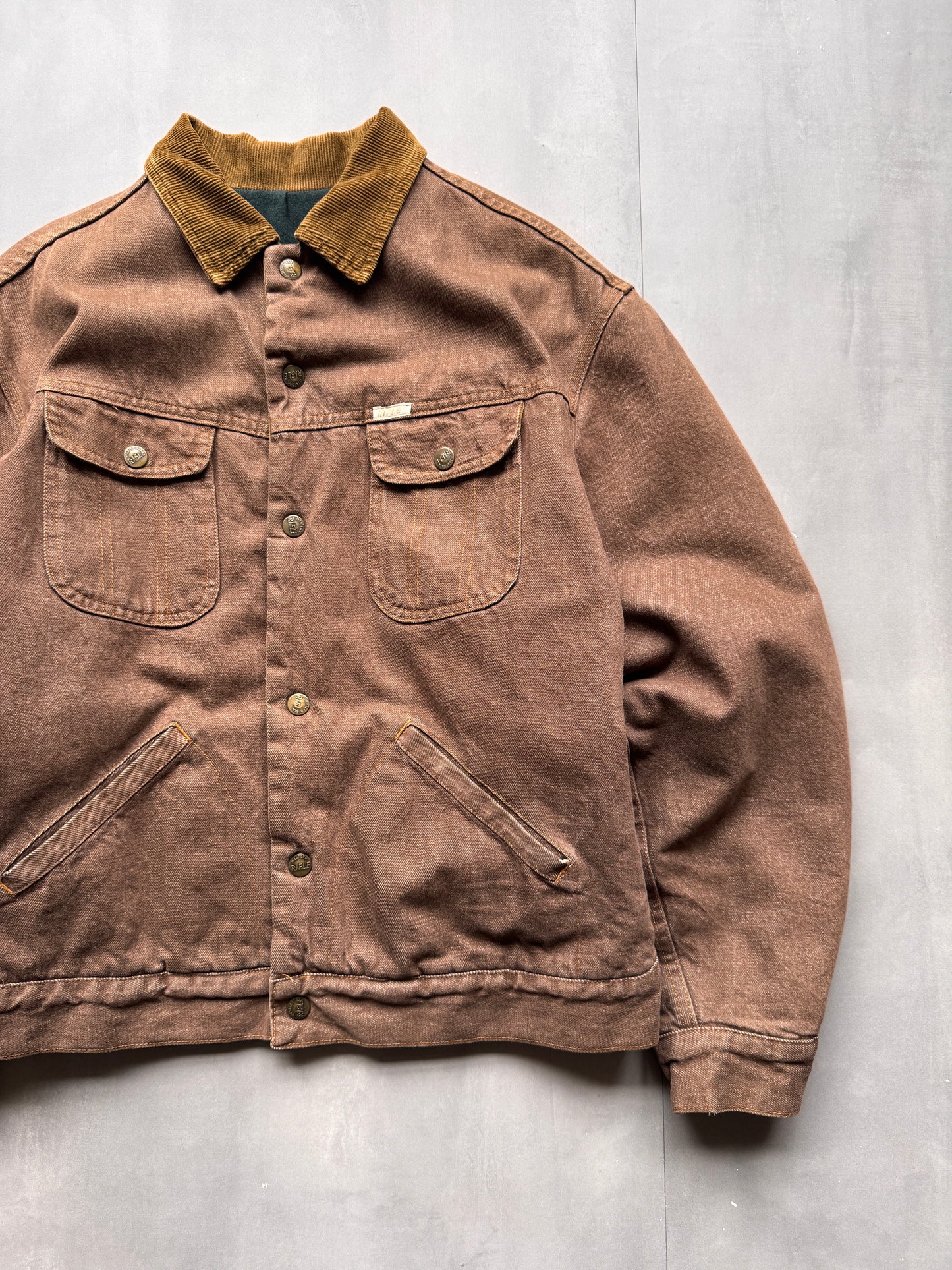 VINTAGE RIFLE LINED BROWN TRUCKER JACKET - L