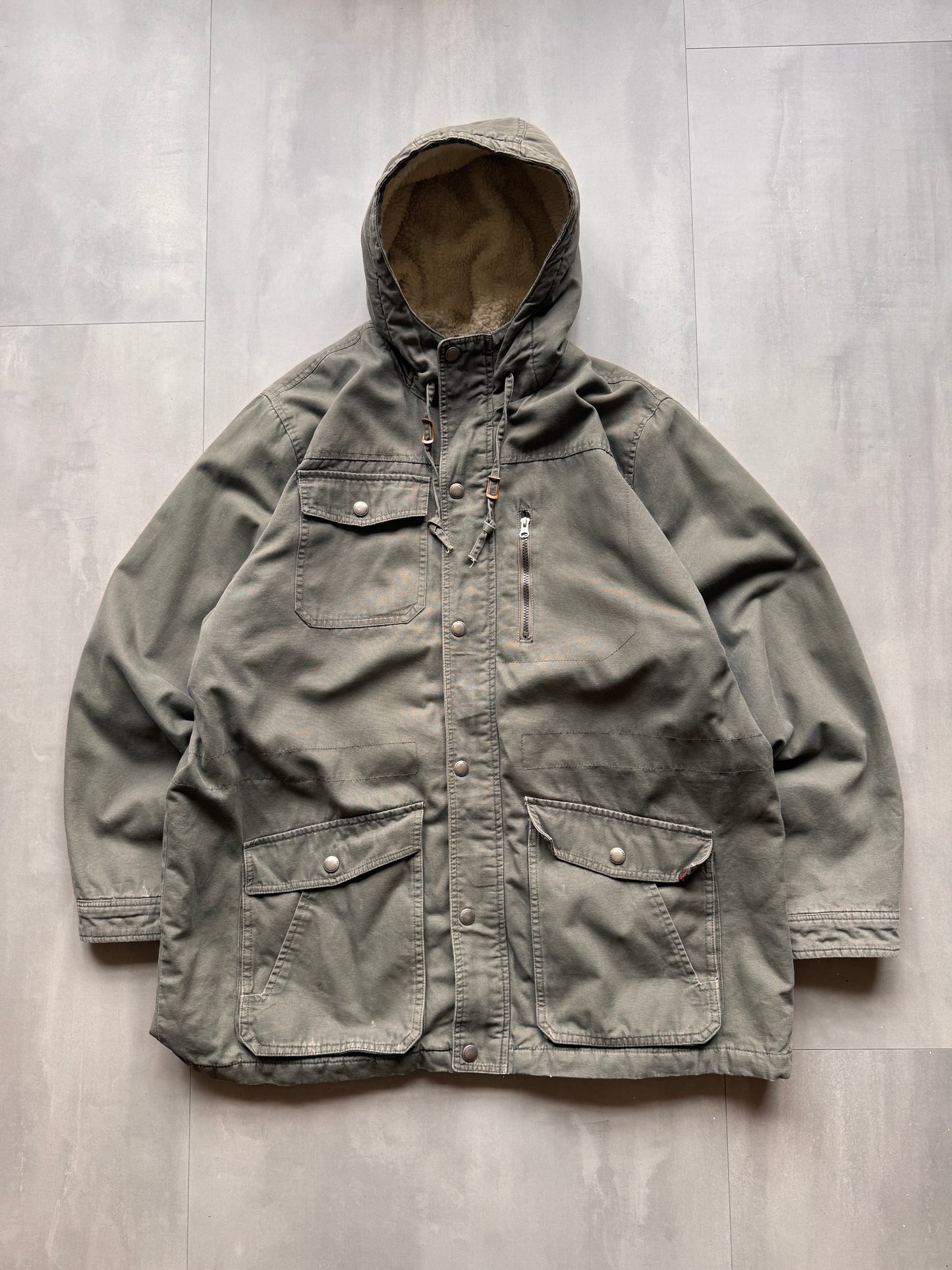 VINTAGE NORTHWESTERN SHERPA LINED GREY/GREEN PARKA JACKET - XXL