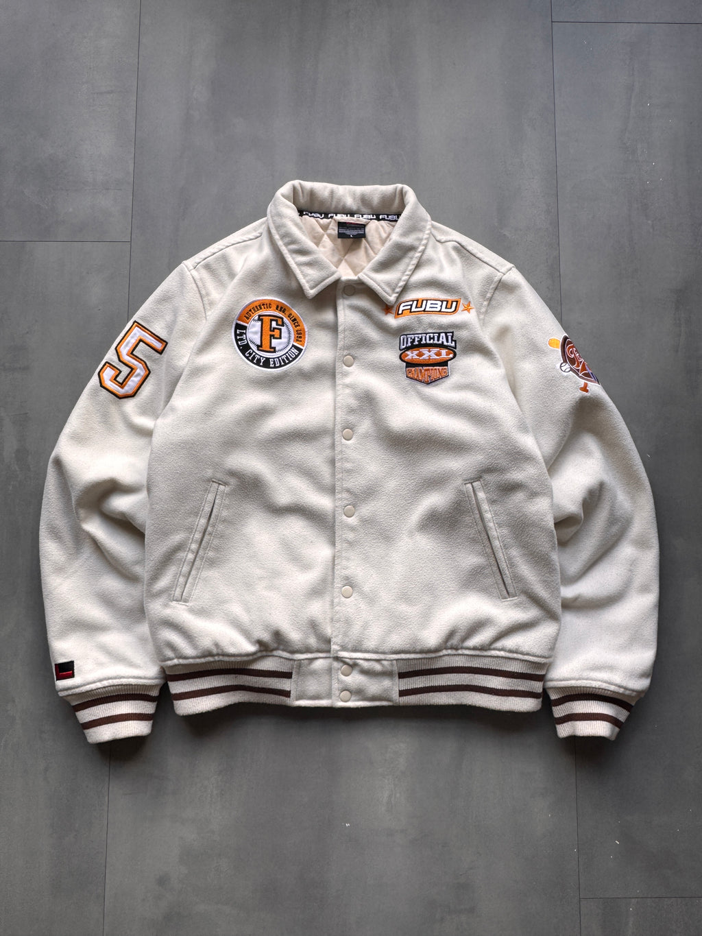 VINTAGE FUBU CREAM VARSITY JACKET - L