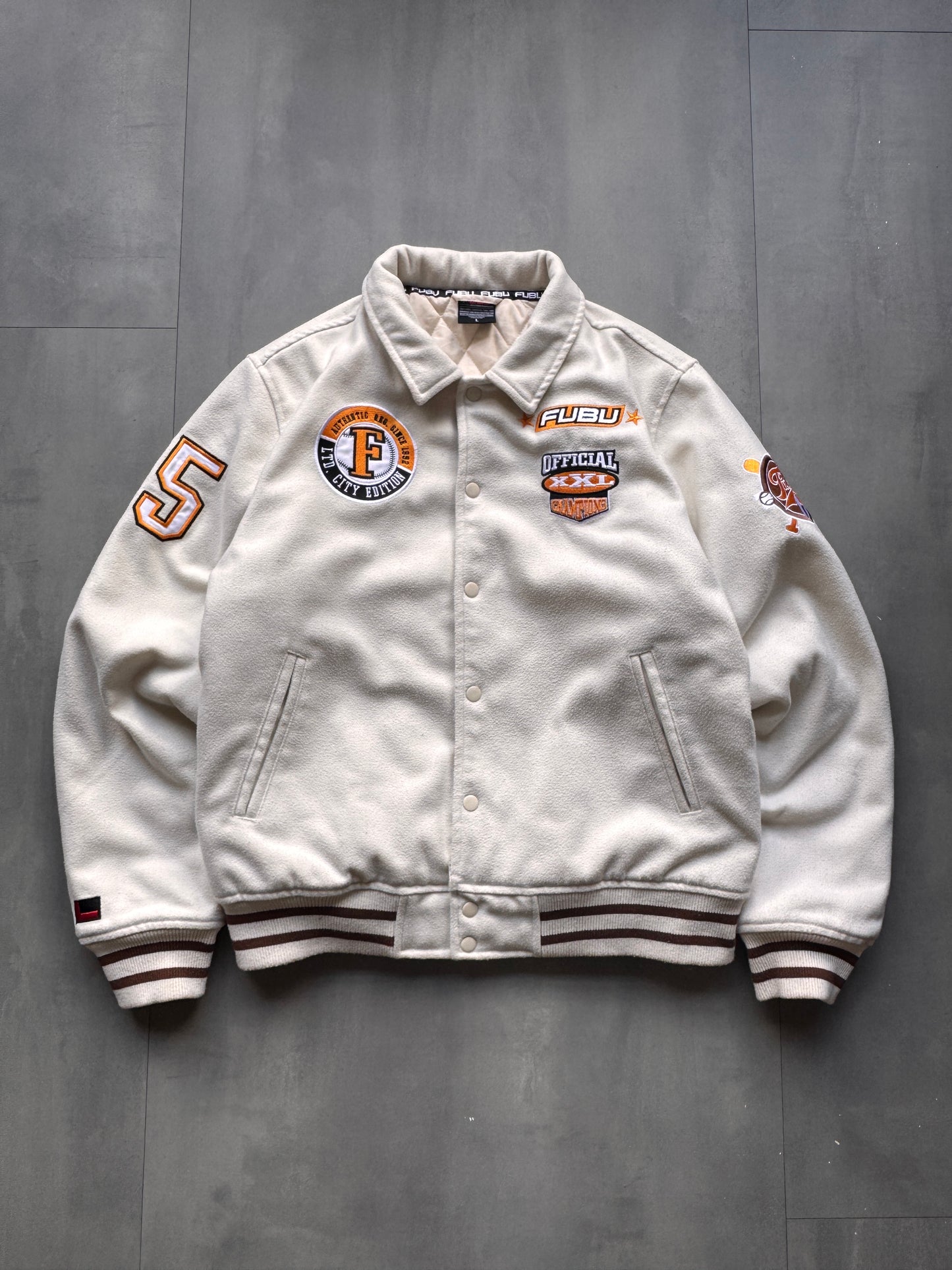 VINTAGE FUBU CREAM VARSITY JACKET - L