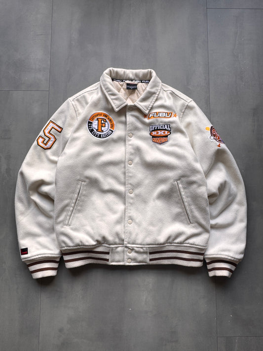 VINTAGE FUBU CREAM VARSITY JACKET - L