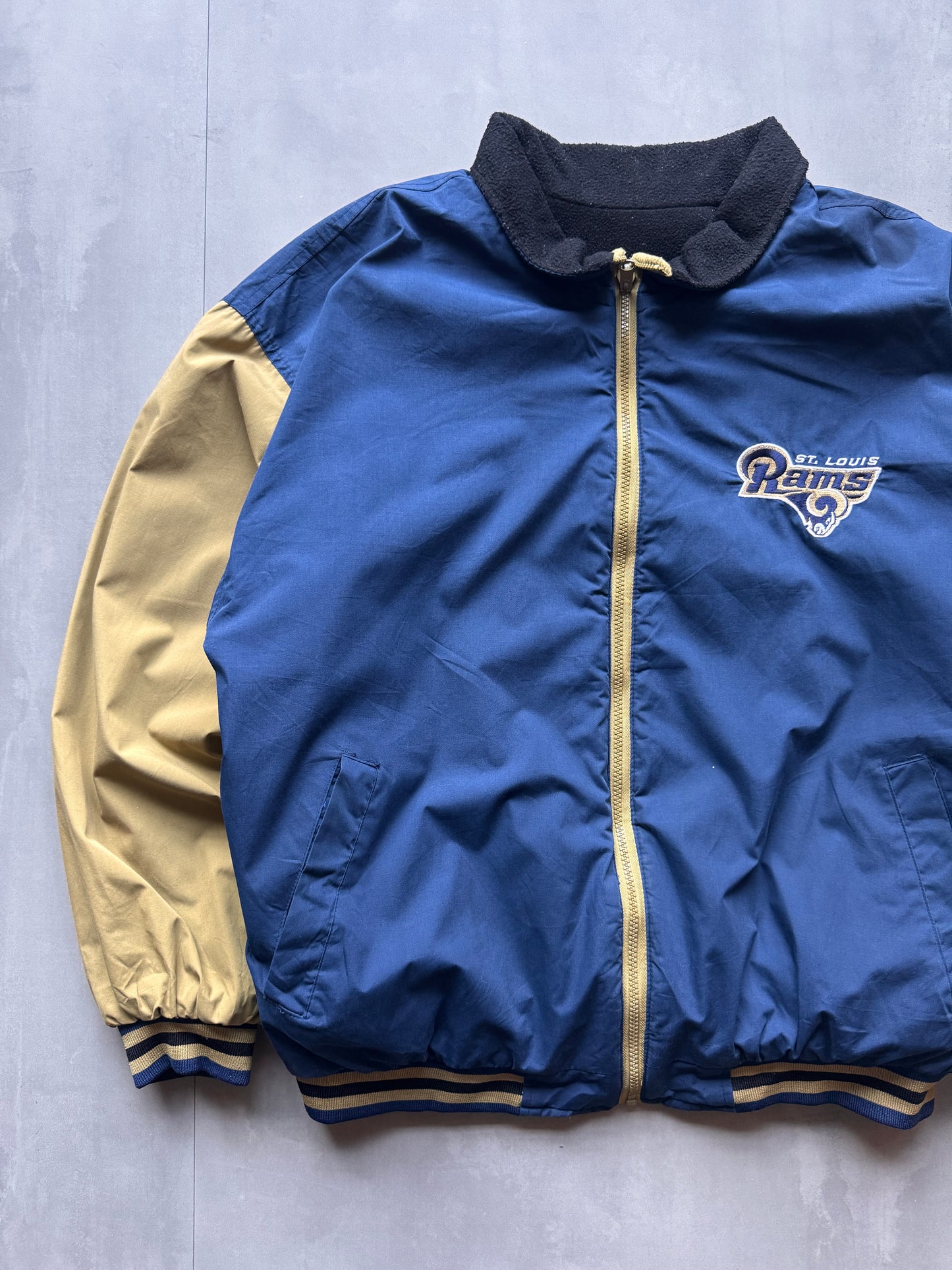 VINTAGE NFL LA RAMS REVERSIBLE FLEECE LINED JACKET - L