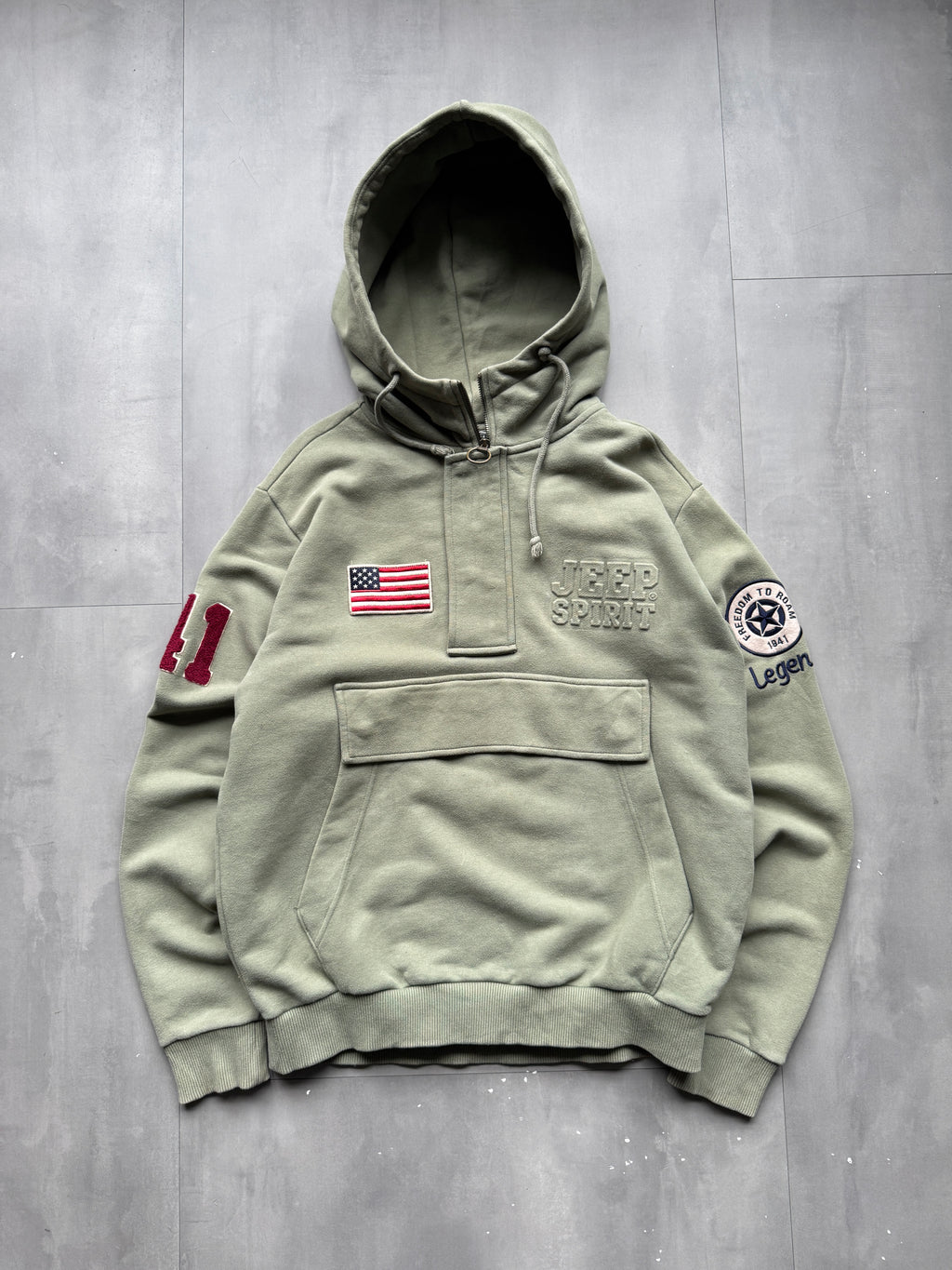 VINTAGE JEEP FADED GREEN 1/4 ZIP HOODIE - L