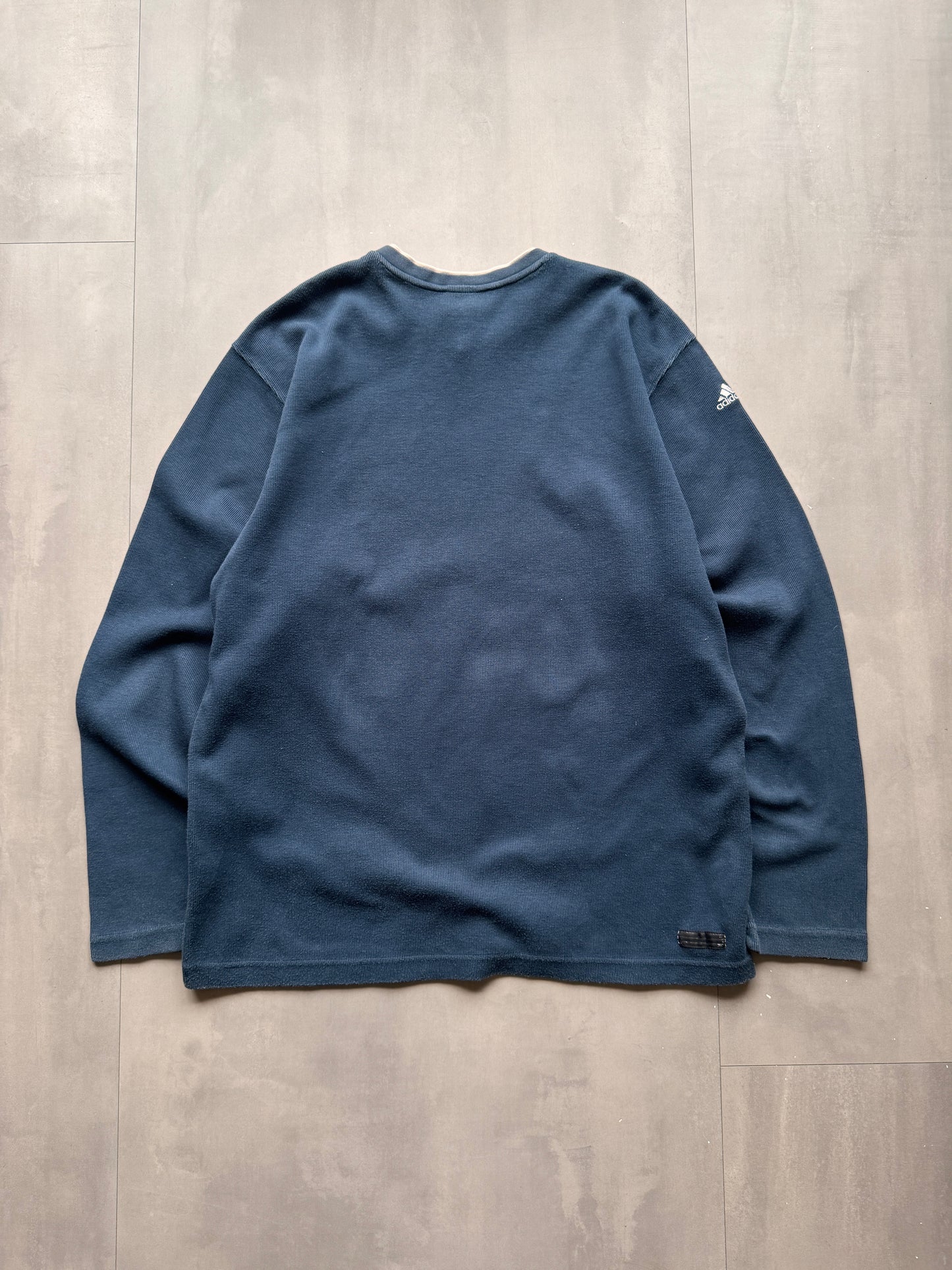VINTAGE ADIDAS OLYMPIQUE MARSEILLE RIBBED NAVY BLUE SWEATER - L