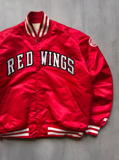 VINTAGE NHL STARTER DETROIT RED WINGS RED SATIN BOMBER JACKET - L
