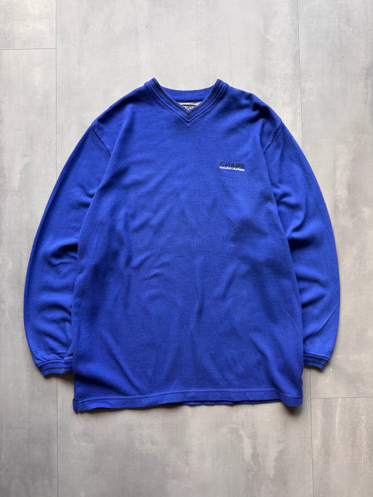 VINTAGE CHAPS BY RALPH LAUREN BLUE V-NECK KNIT SWEATER - LARGE