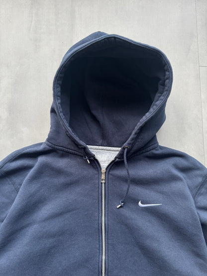 VINTAGE NIKE SWOOSH NAVY ZIP UP HOODIE - XXL