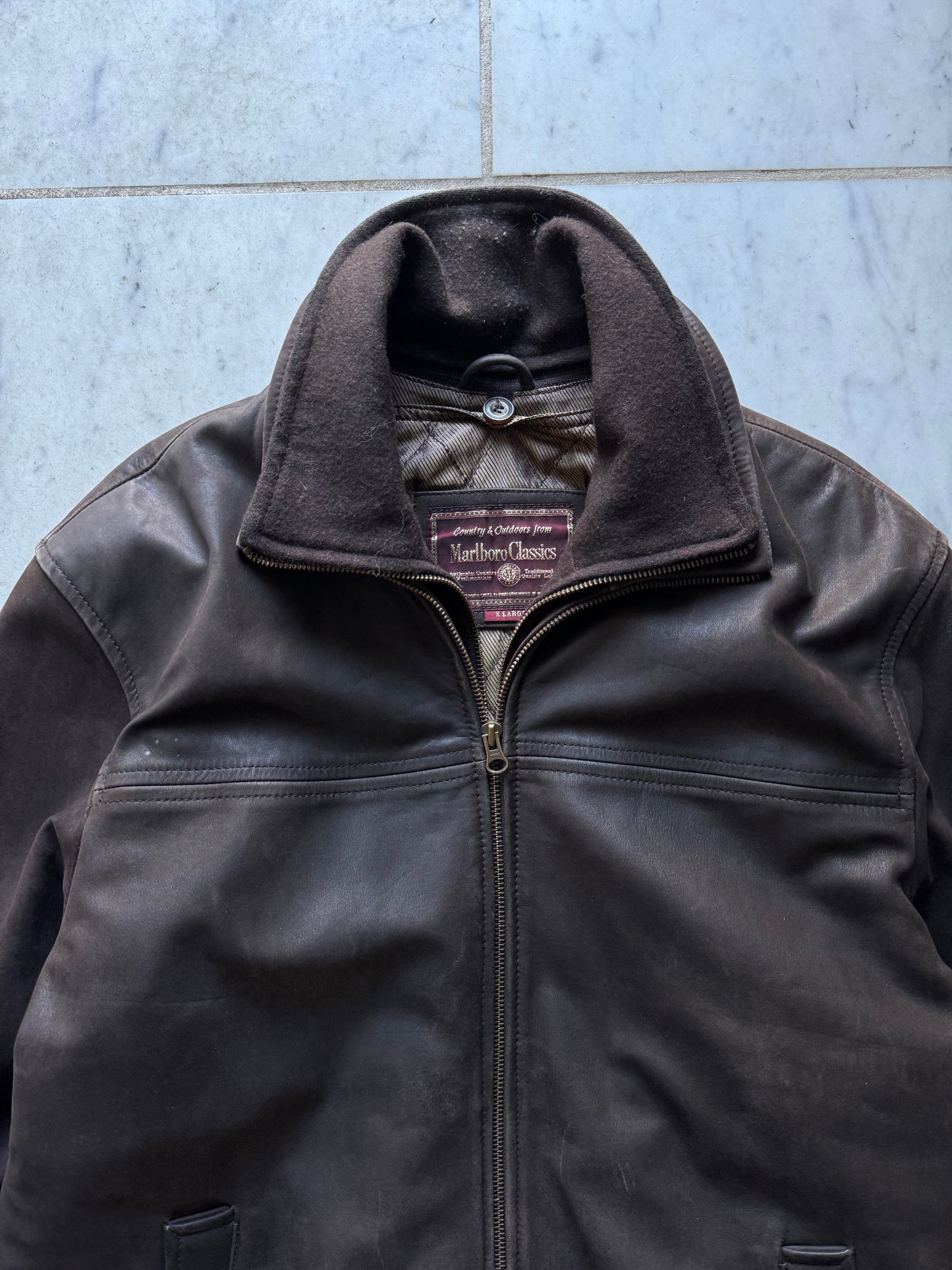 MARLBORO CLASSICS DARK BROWN LEATHER JACKET - LARGE/XLARGE