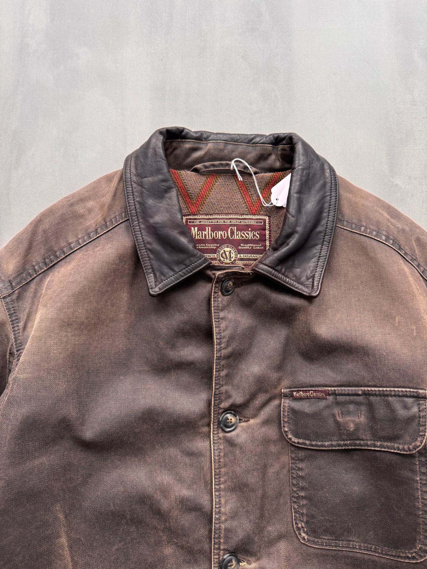VINTAGE MARLBORO CLASSICS DARK BROWN AGED LEATHER TRENCHCOAT/JACKET - XL