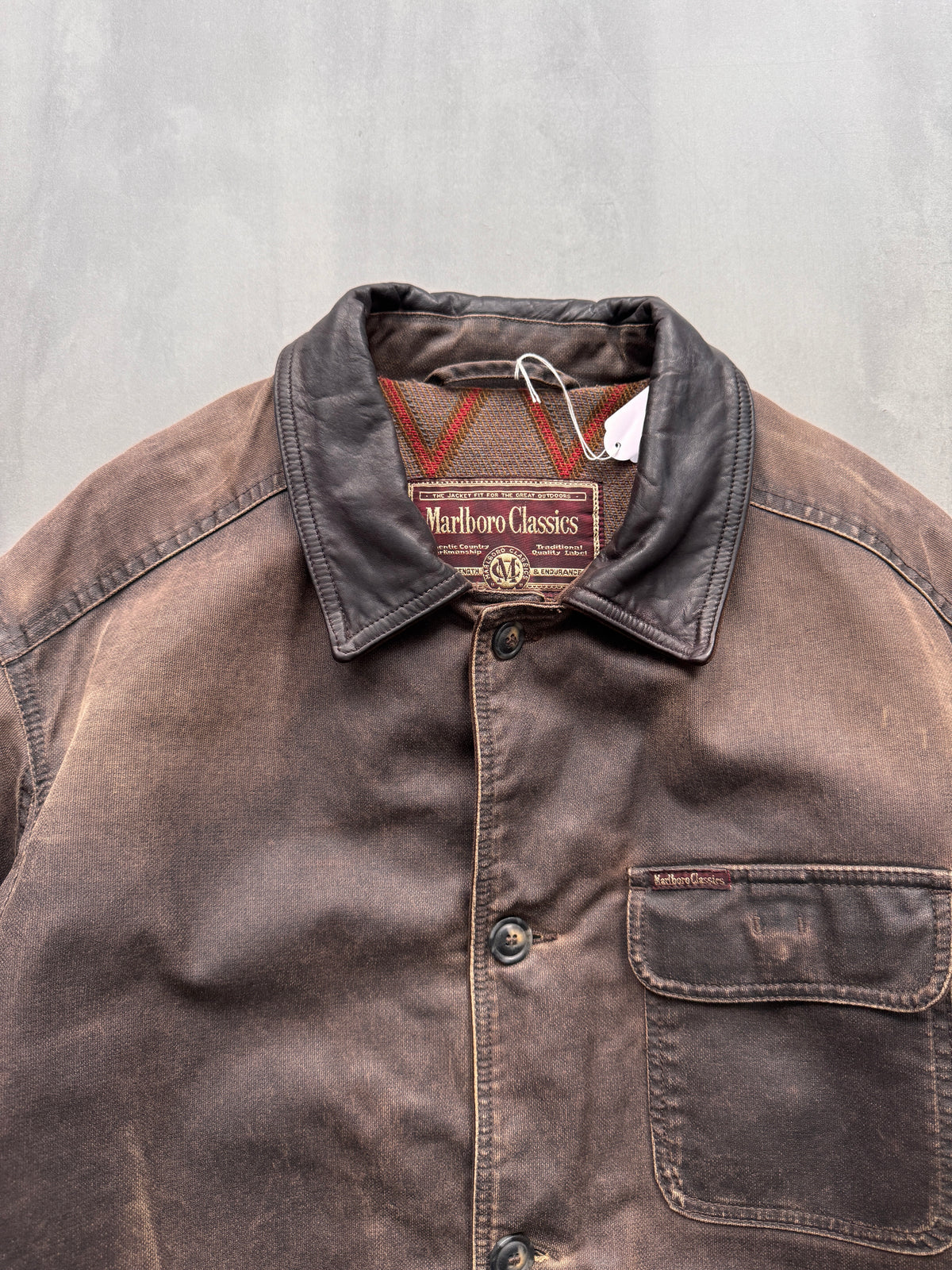 VINTAGE MARLBORO CLASSICS DARK BROWN AGED LEATHER TRENCHCOAT/JACKET - XL