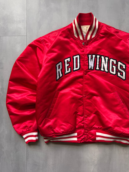 VINTAGE NHL STARTER DETROIT RED WINGS RED SATIN BOMBER JACKET - L