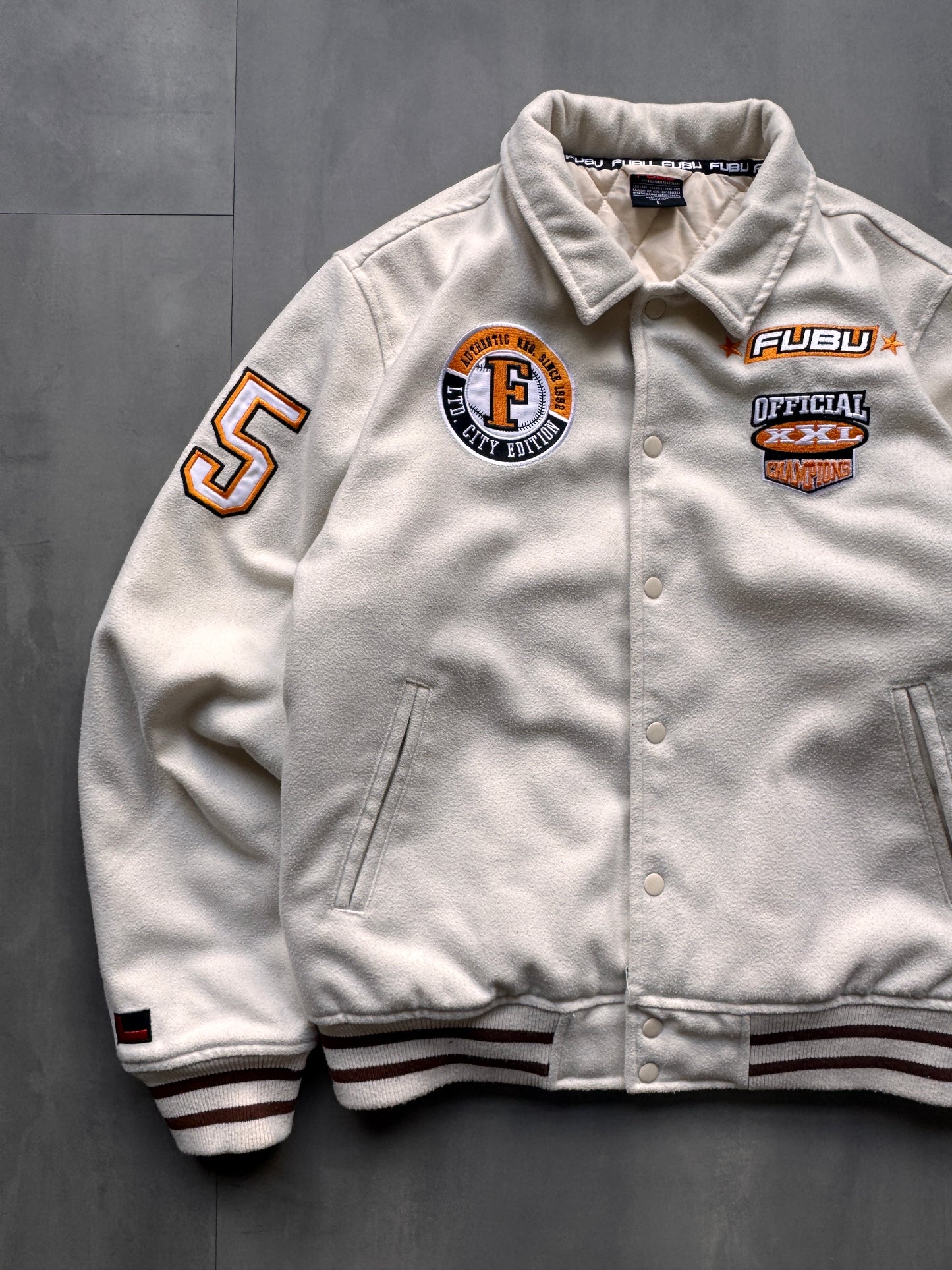 VINTAGE FUBU CREAM VARSITY JACKET - L