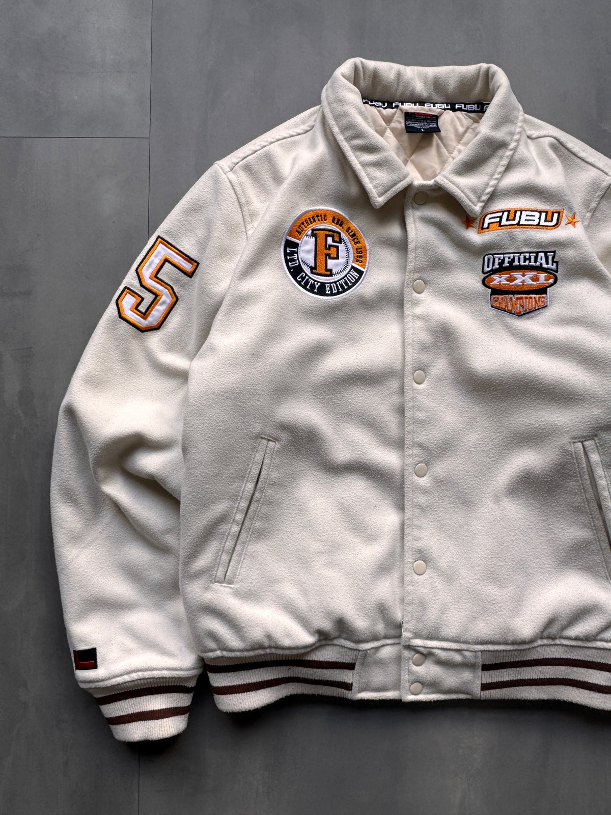 VINTAGE FUBU CREAM VARSITY JACKET - L