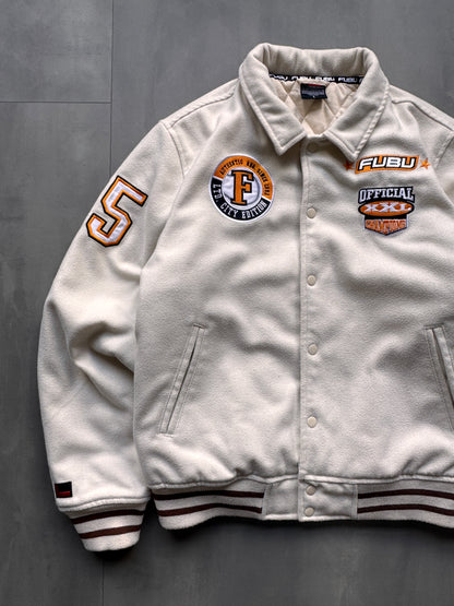 VINTAGE FUBU CREAM VARSITY JACKET - L