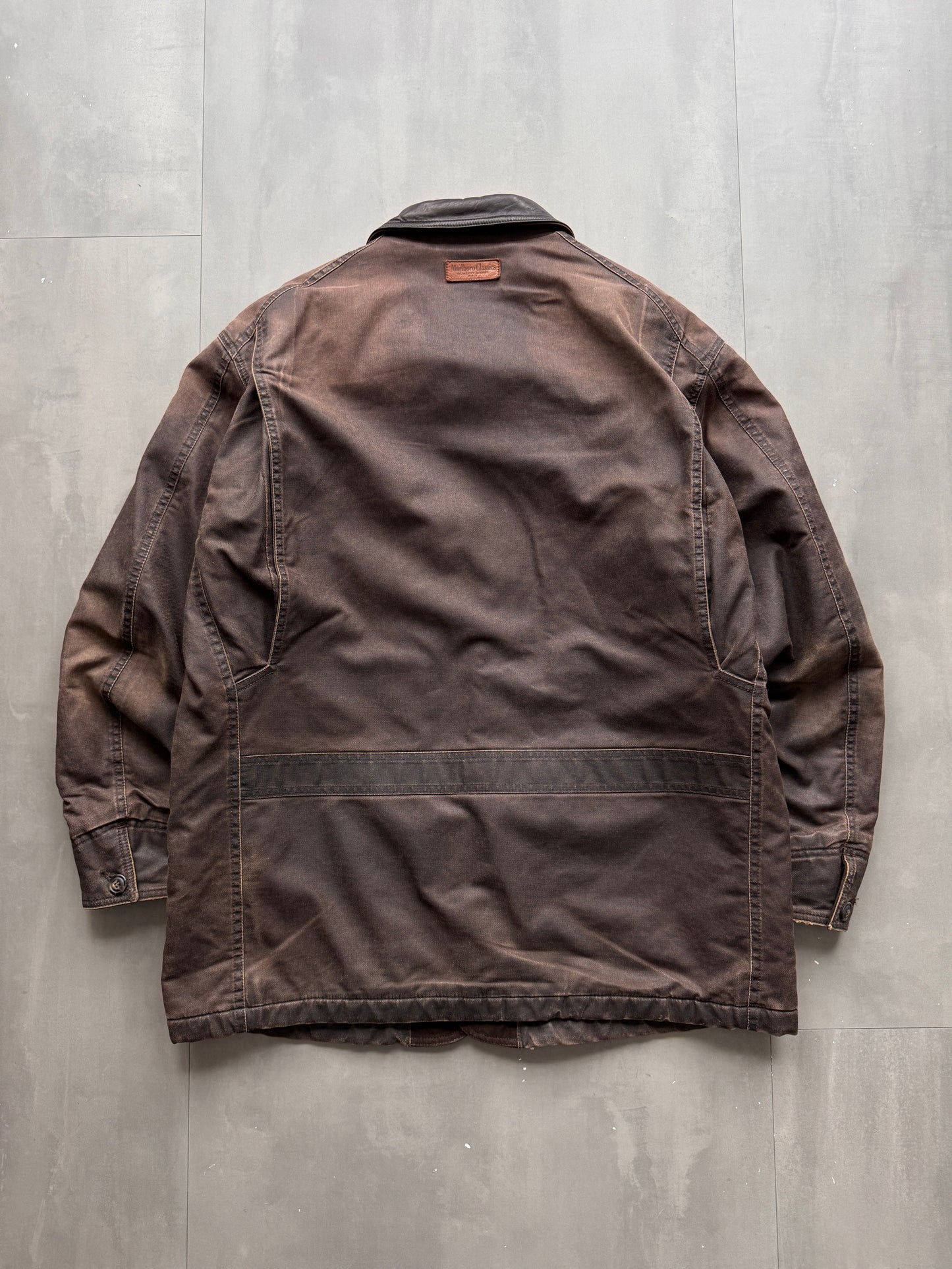 VINTAGE MARLBORO CLASSICS DARK BROWN AGED LEATHER TRENCHCOAT/JACKET - XL