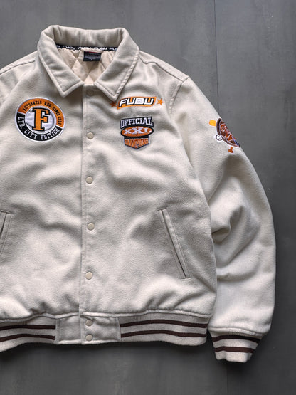 VINTAGE FUBU CREAM VARSITY JACKET - L