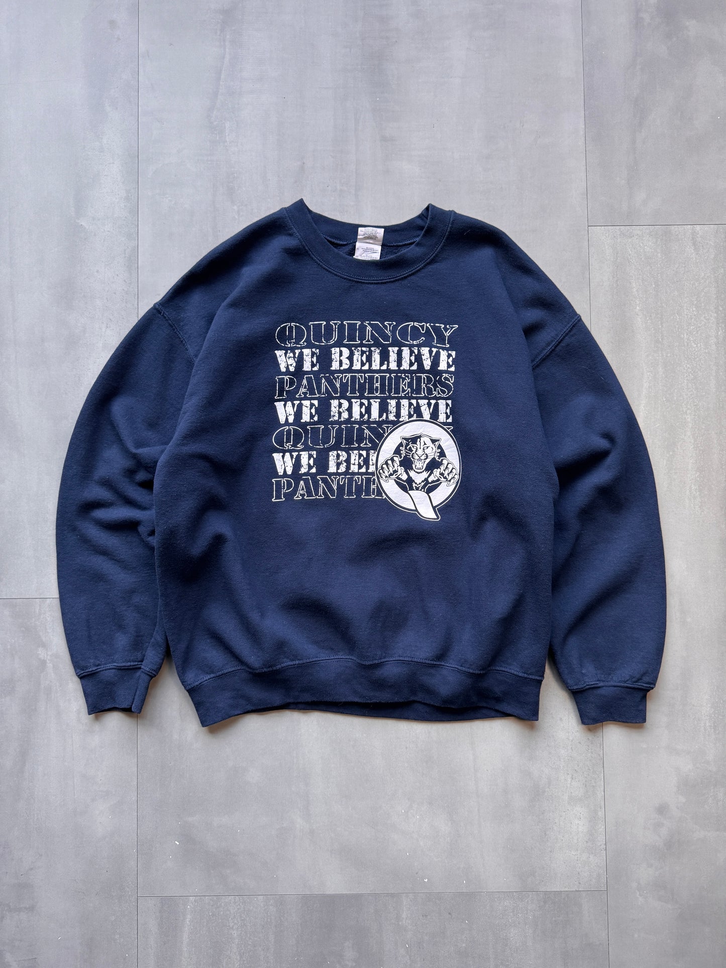 VINTAGE QUINCY PANTHERS NAVY SWEATER - LARGE