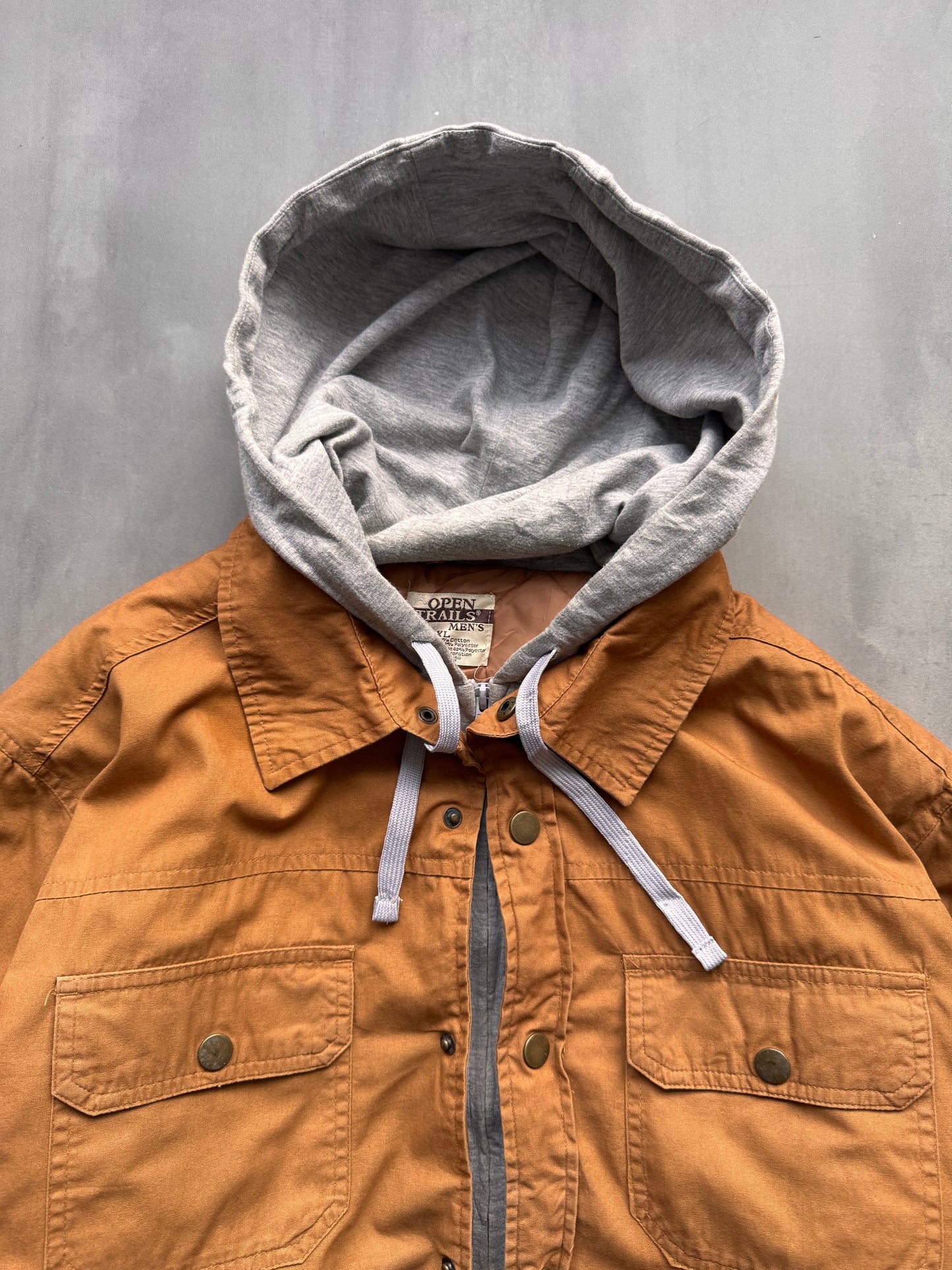 VINTAGE OPEN TRAILS TAN HOODED WORK JACKET - L