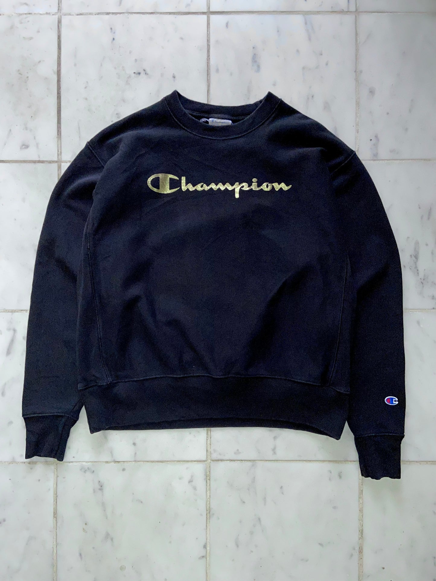 CHAMPION GOLD LOGO BLACK REVERSE WEAVE SWEATER - LARGE