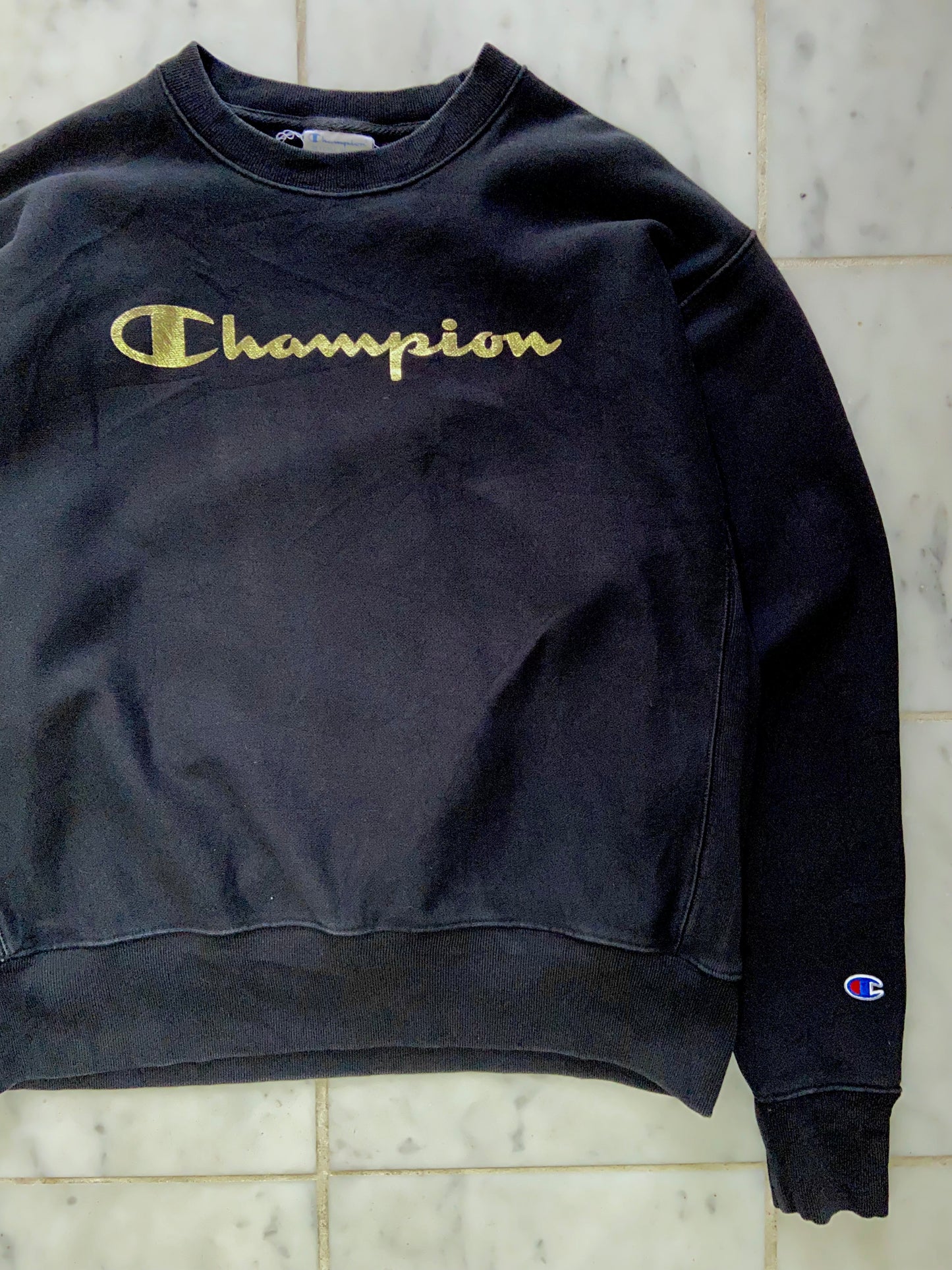 CHAMPION GOLD LOGO BLACK REVERSE WEAVE SWEATER - LARGE