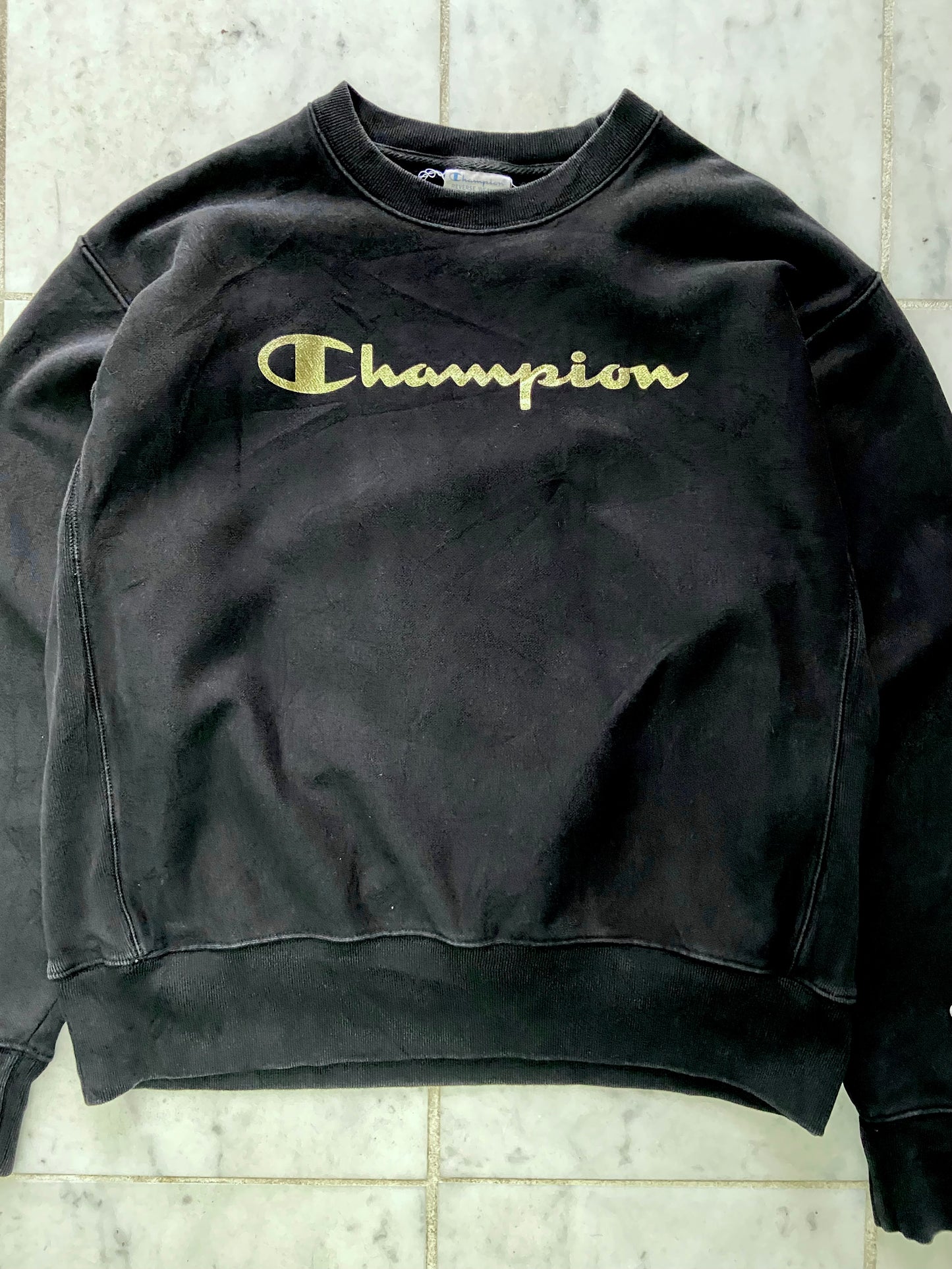 CHAMPION GOLD LOGO BLACK REVERSE WEAVE SWEATER - LARGE