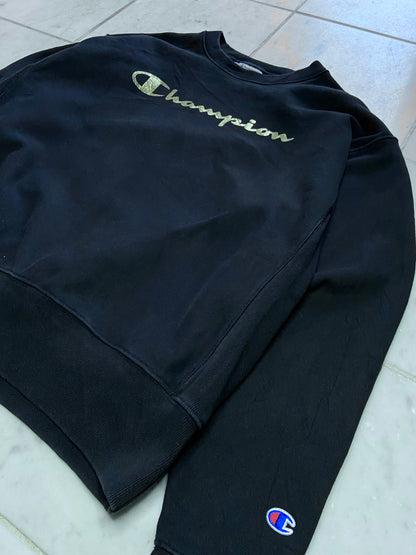 CHAMPION GOLD LOGO BLACK REVERSE WEAVE SWEATER - LARGE